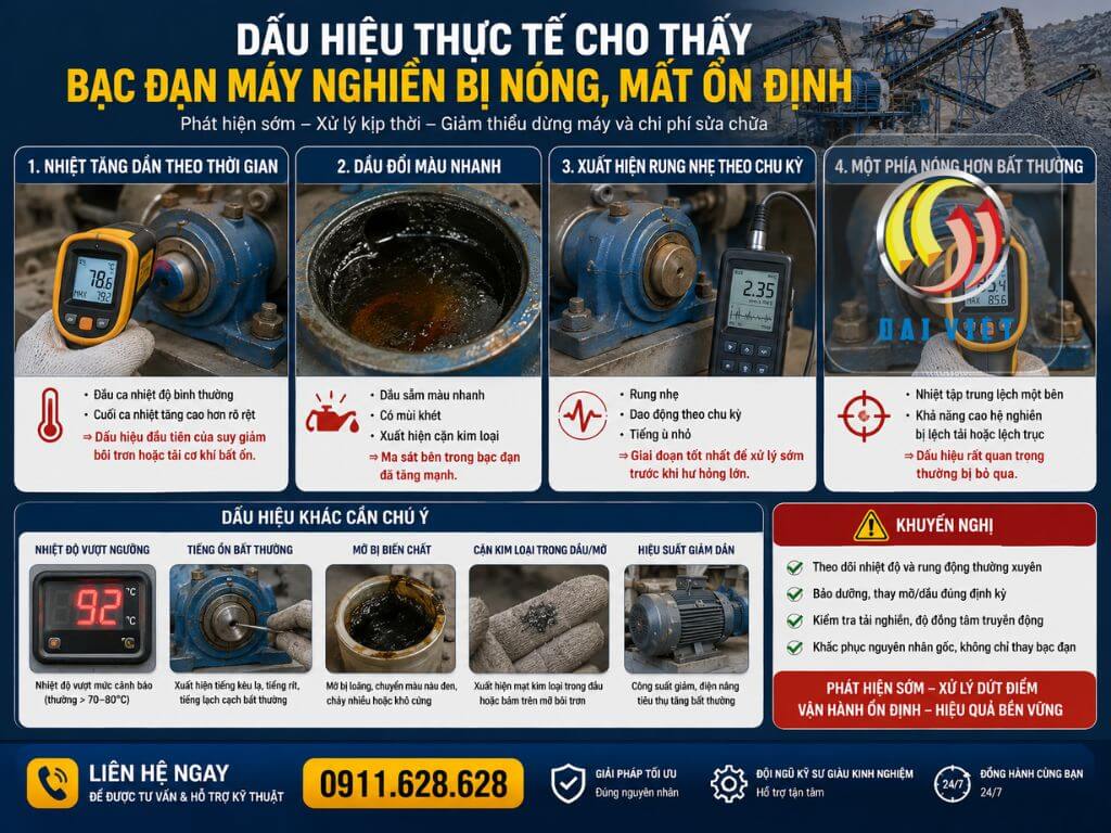 Hình ảnh các dấu hiệu thực tế cho thấy hiện tượng nóng bạc đạn máy nghiền