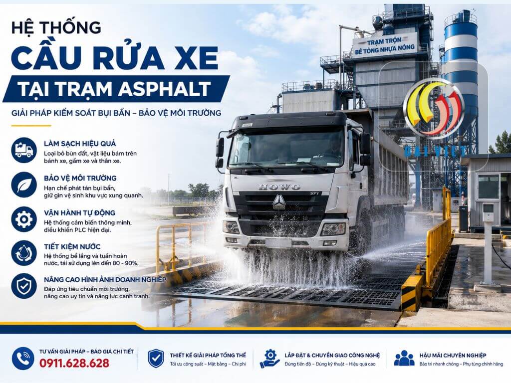 Hệ thống cầu rửa xe tại trạm asphalt: Giải pháp kiểm soát bụi và vận hành chuyên nghiệp