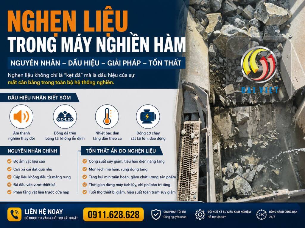 Nghẹn liệu trong máy nghiền hàm và các tổn thất vận hành