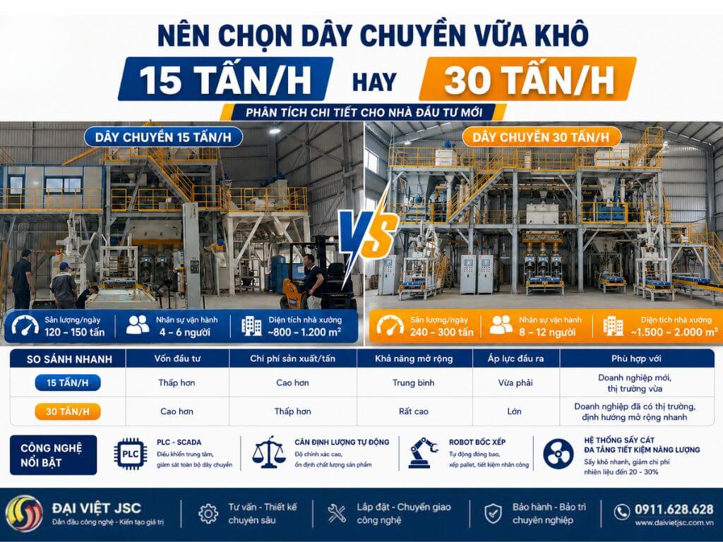 Nhà đầu tư mới nên chọn dây chuyền vữa khô 15 tấn hay 30 tấn/h?