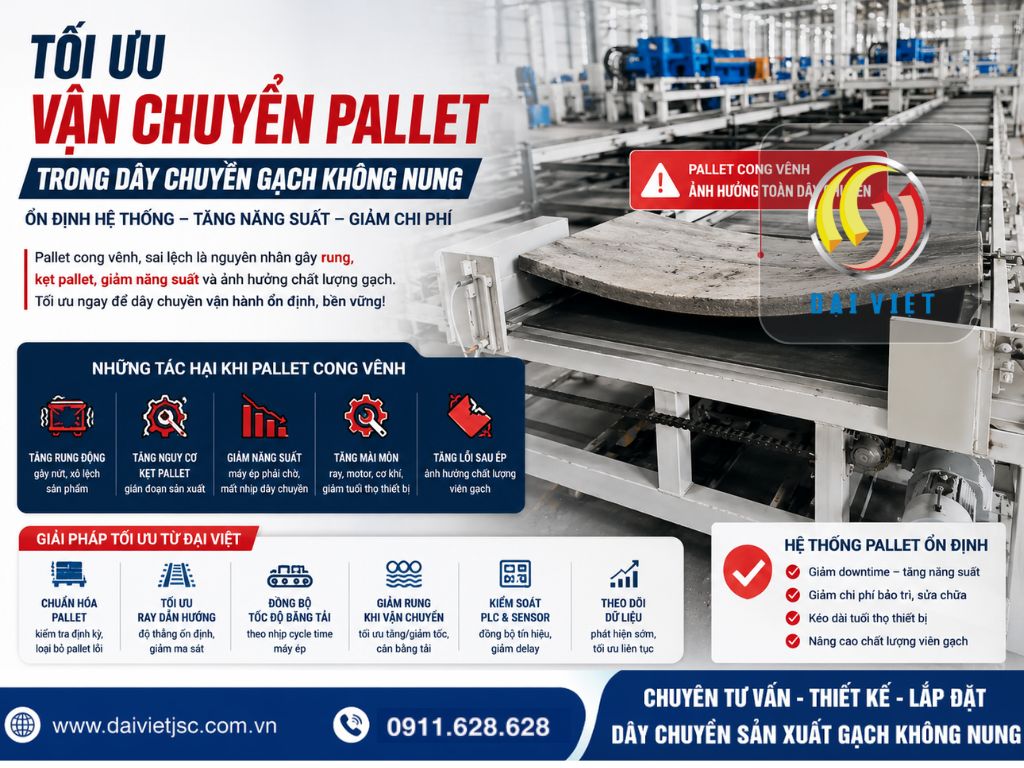 Hình ảnh pallet dây chuyền gạch không nung bị cong vênh giảm hiệu suất vận hành